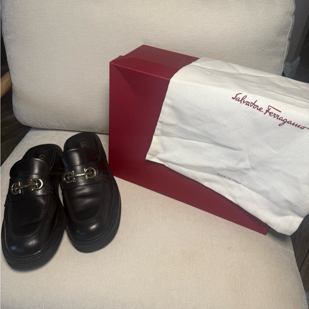 Salvatore Ferragamo Black Leather Loafers with Gold Buckle